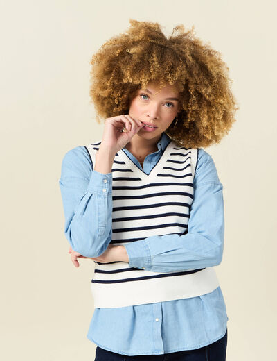 Pull sans manches col en V ecru femme