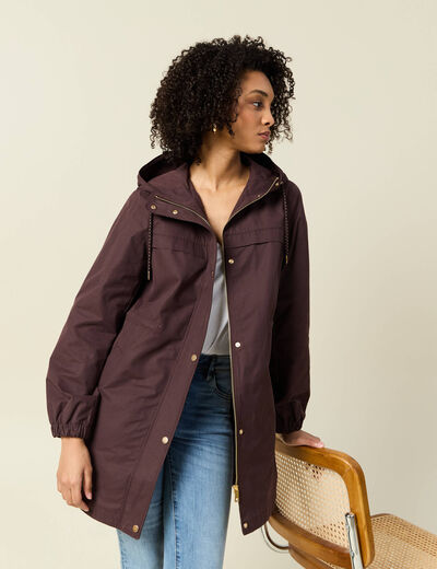 Parka longue à capuche marron foncé femme