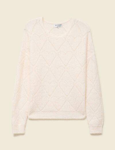 Pull manches longues col rond brillant ecru femme