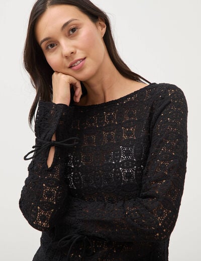 T-shirt manches longues en dentelle noir femme