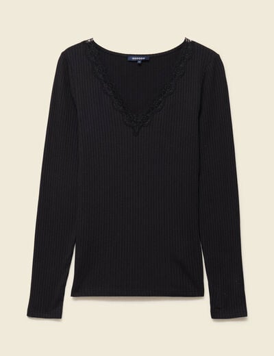 T-shirt cintr&eacute; col v dentelle noir femme