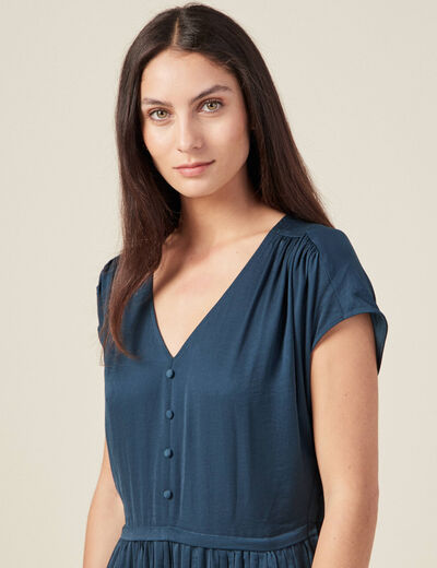 Robe midi évasée plissée satin bleu canard femme