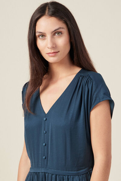 Robe midi évasée plissée satin bleu canard femme