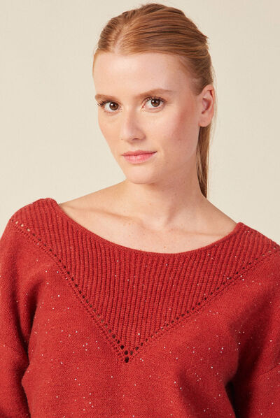 Pull manches longues sequins rouge foncé femme