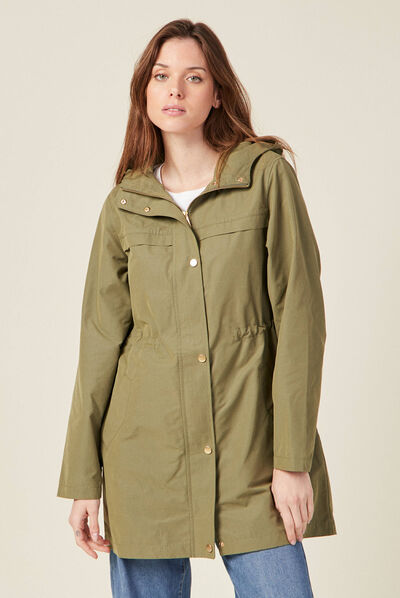 Parka à capuche déperlante vert kaki femme