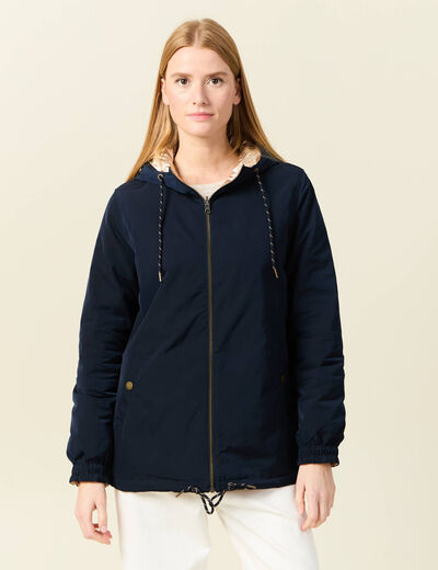 Parka réversible à capuche bleu marine femme
