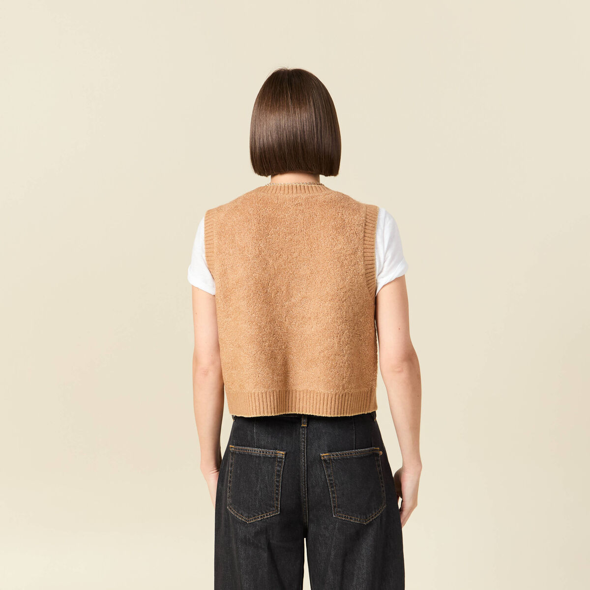Gilet sherpa droit sans manches beige femme