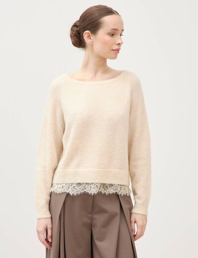 Pull manches longues col bateau ivoire femme