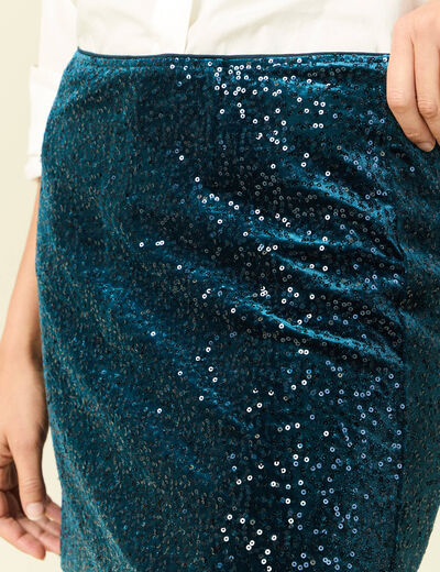 Jupe droite velours sequins bleu canard femme