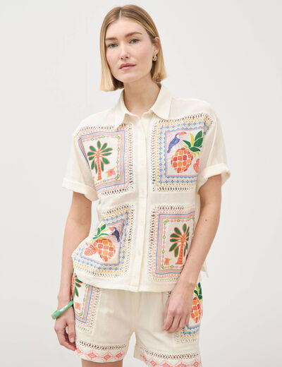 Chemise ample brod&eacute;e manches courtes blanc femme