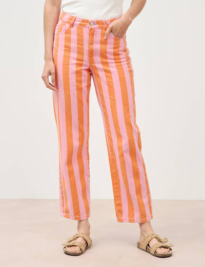 Jeans droit cropped taille haute ray&eacute; orange femme