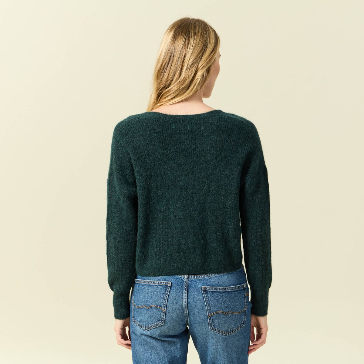 Gilet col V manches longues n&oelig;uds vert fonc&eacute; femme