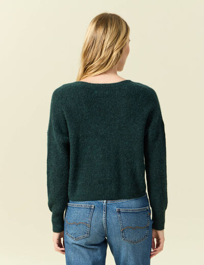 Gilet col V manches longues n&oelig;uds vert fonc&eacute; femme