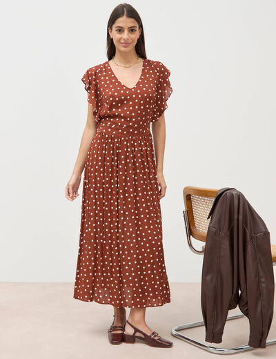 Robe longue &eacute;vas&eacute;e col v manches courtes marron cognac femme