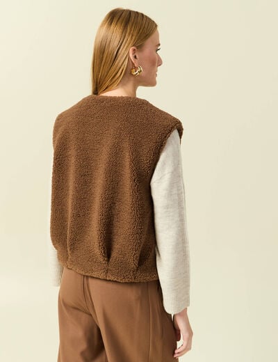 Gilet sans manches bouclette col rond marron femme