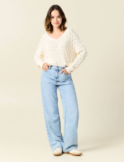 Pull manches longues ajouré creme femme