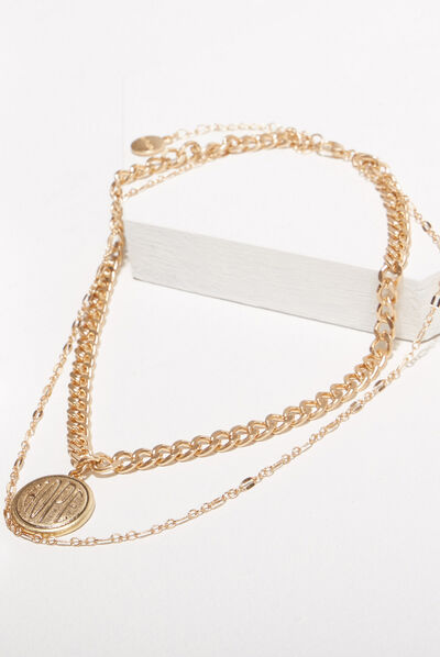 Collier 2 rangs à pendentif couleur or femme