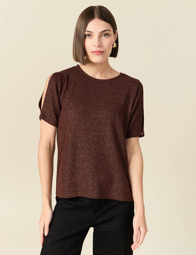 T-shirt manches courtes brillant marron femme