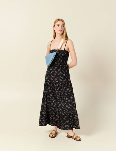 Robe longue évasée col bustier noir femme