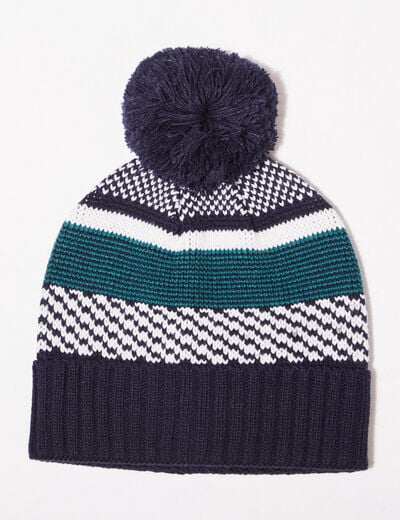 Bonnet tricoté à pompon bleu foncé homme