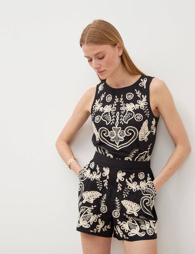 Short en coton avec broderie noir femme
