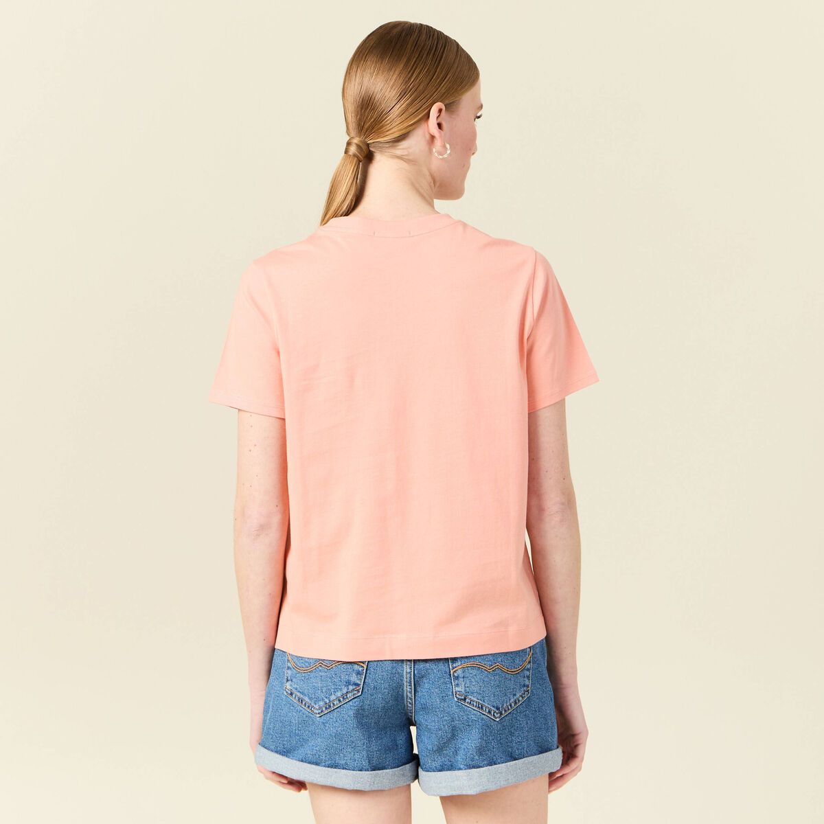 T-shirt en coton manches courtes rose corail femme