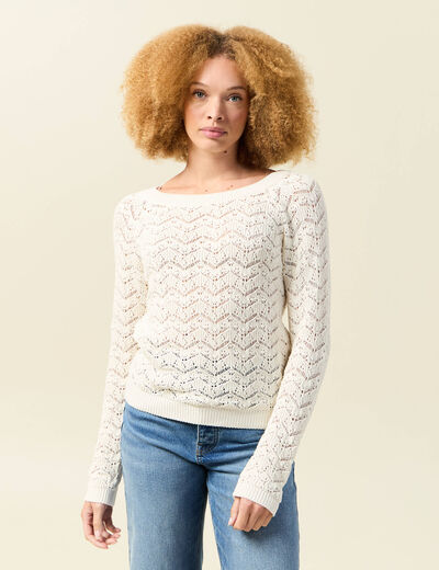 Pull ajouré col bateau manches longues ecru femme