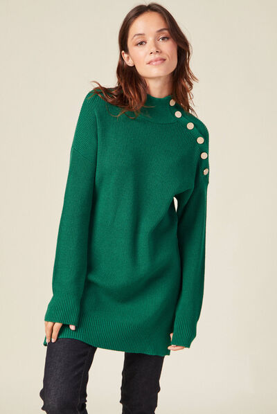 Pull long manches longues vert femme