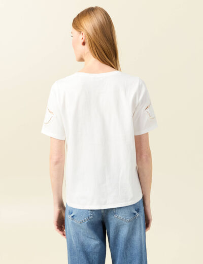 T-shirt manches courtes brodé ecru femme