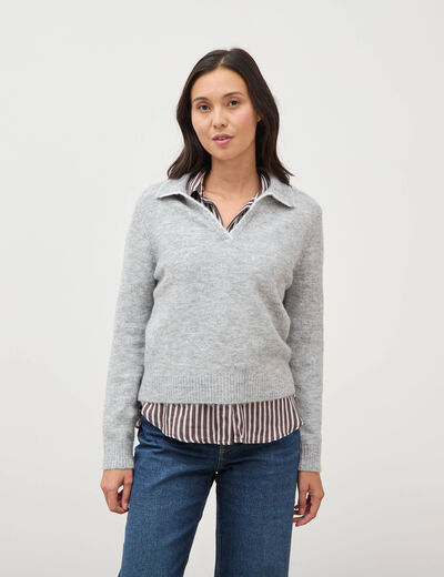 Pull droit col polo manches longues gris femme