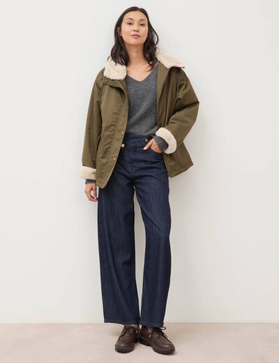 Parka oversize courte &agrave; capuche vert kaki femme