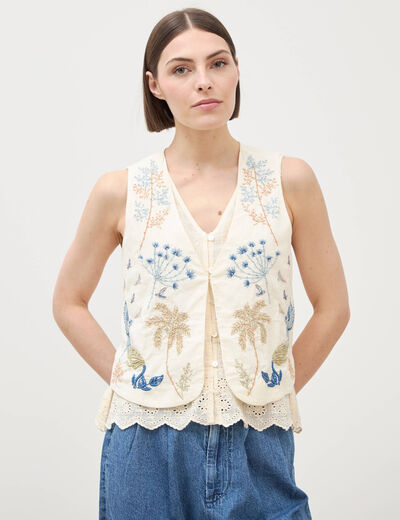 Gilet sans manches col v broderie ecru femme