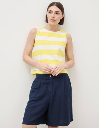 D&eacute;bardeur ray&eacute; col rond en coton jaune femme