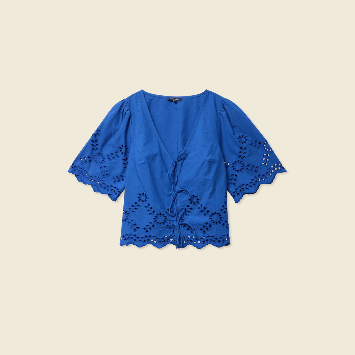 Blouse manches courtes brodée bleu electrique femme