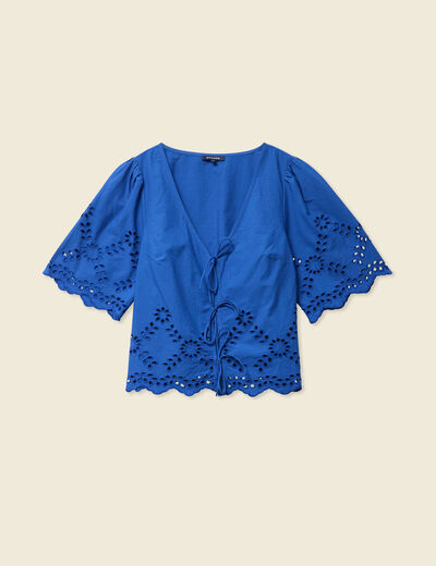 Blouse manches courtes brodée bleu electrique femme