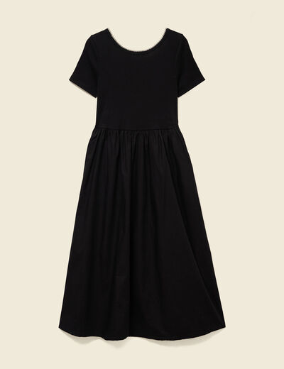 Robe longue bi-mati&egrave;re col rond noir femme