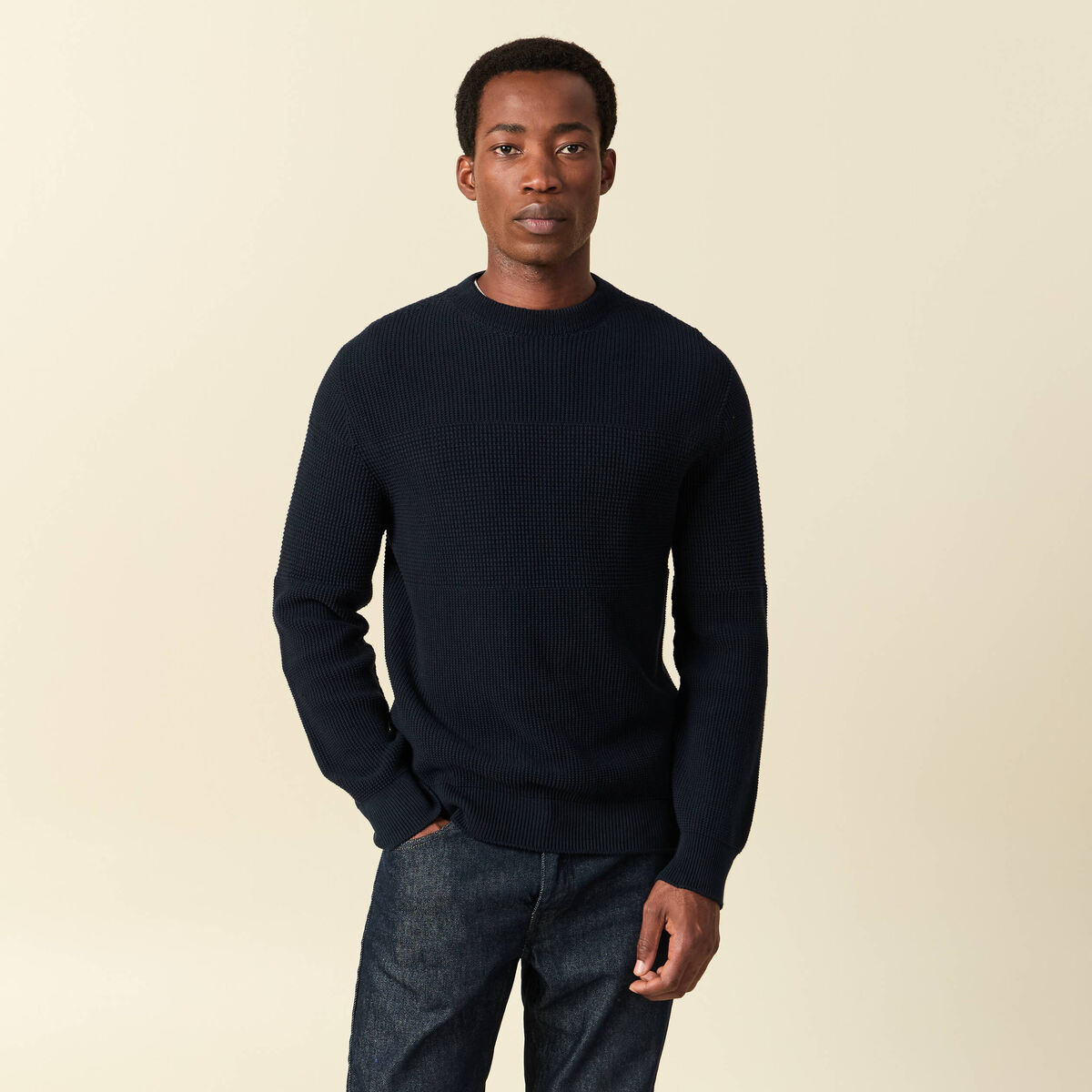 Pull col rond manches longues en coton bleu marine homme