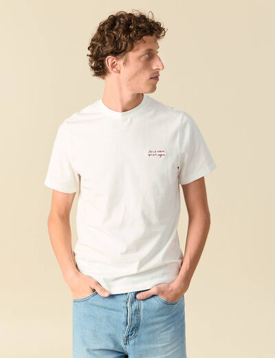 T-shirt col rond manches courtes brod&eacute; ecru homme