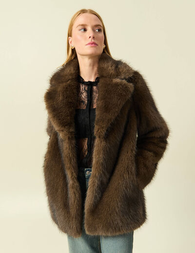 Manteau manches longues doubl&eacute; marron femme