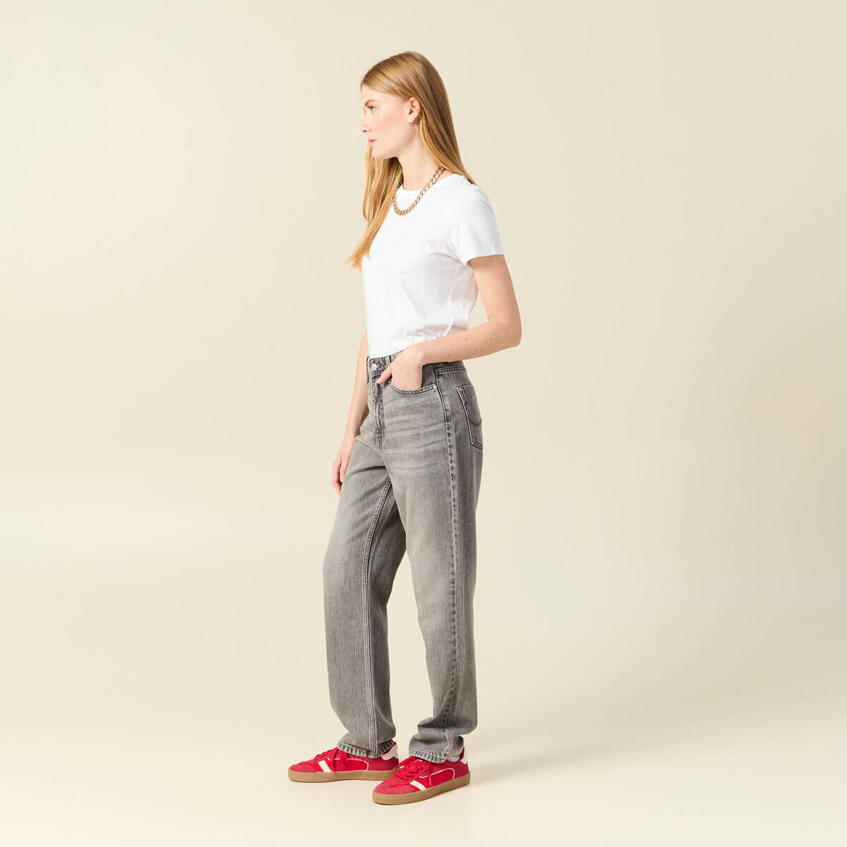 Jeans straight taille haute denim gris clair femme