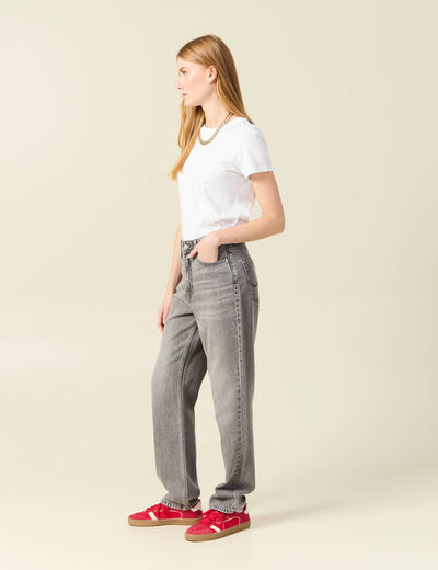 Jeans straight taille haute denim gris clair femme