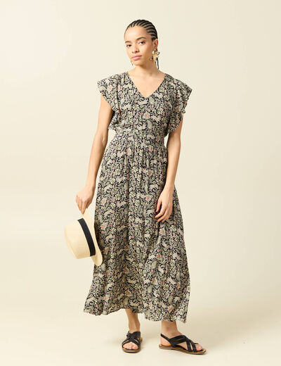 Robe longue &eacute;vas&eacute;e col v manches courtes noir femme