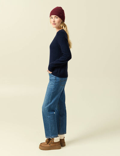 Pull col V manches longues bleu marine femme