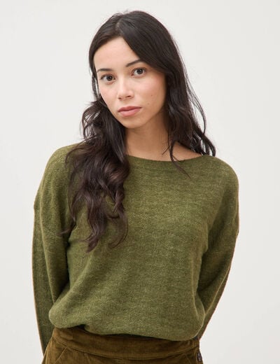 Pull manches longues col bateau vert kaki femme
