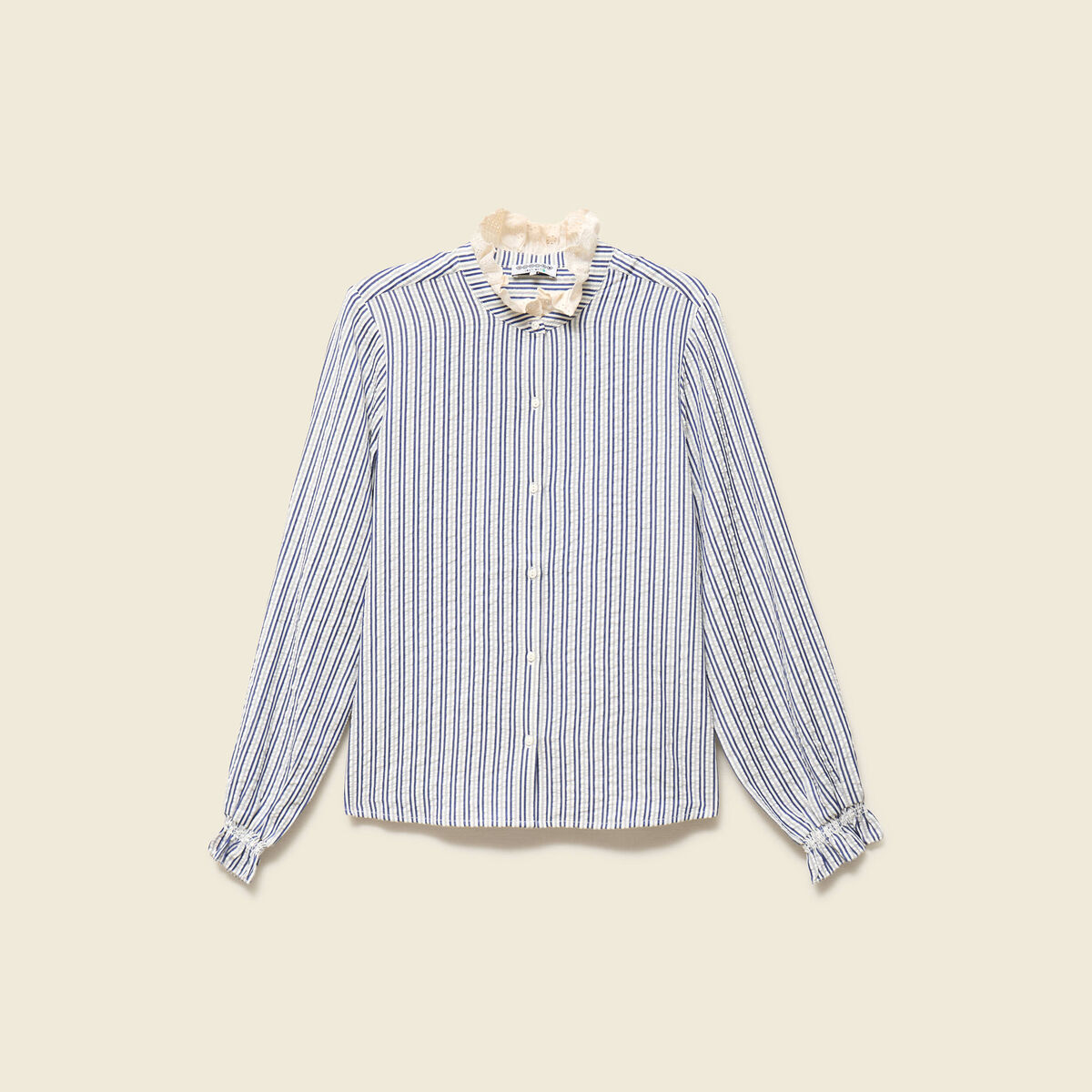 Chemise cintr&eacute;e col montant brod&eacute;e blanc femme