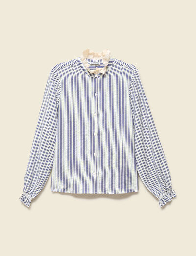 Chemise cintr&eacute;e col montant brod&eacute;e blanc femme