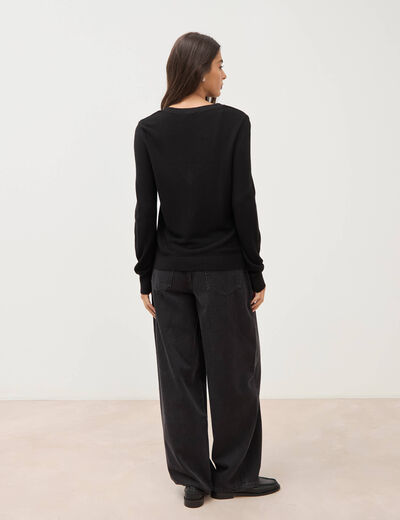 Pull droit col v manches longues noir femme