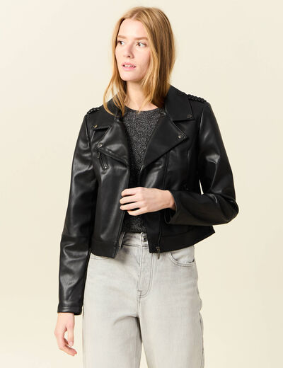 Blouson ajusté simili cuir noir femme