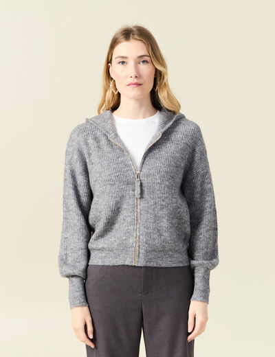 Gilet manches longues capuche gris clair femme