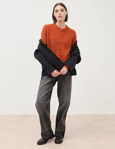 Gilet manches longues col rond marron cognac femme